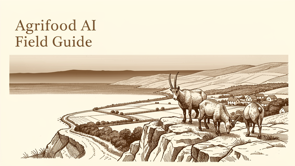 Agrifood AI Field Guide cover: mountain goat herd overlooking agricultural valley